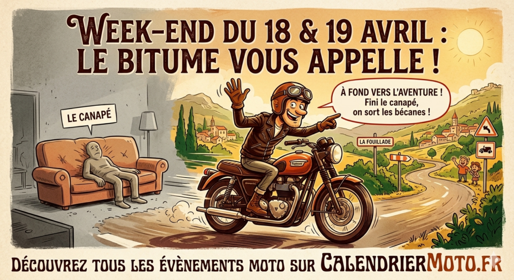 Week-end du 18 et 19 avril : Ta moto s’ennuie, et ton canapé commence à prendre ta forme !
